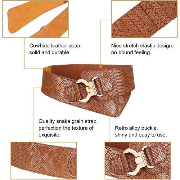 Women\'s Wide Elastic Stretch Waist Belt Adjustable Dress Belt Brown Gold Buckle main image 4
